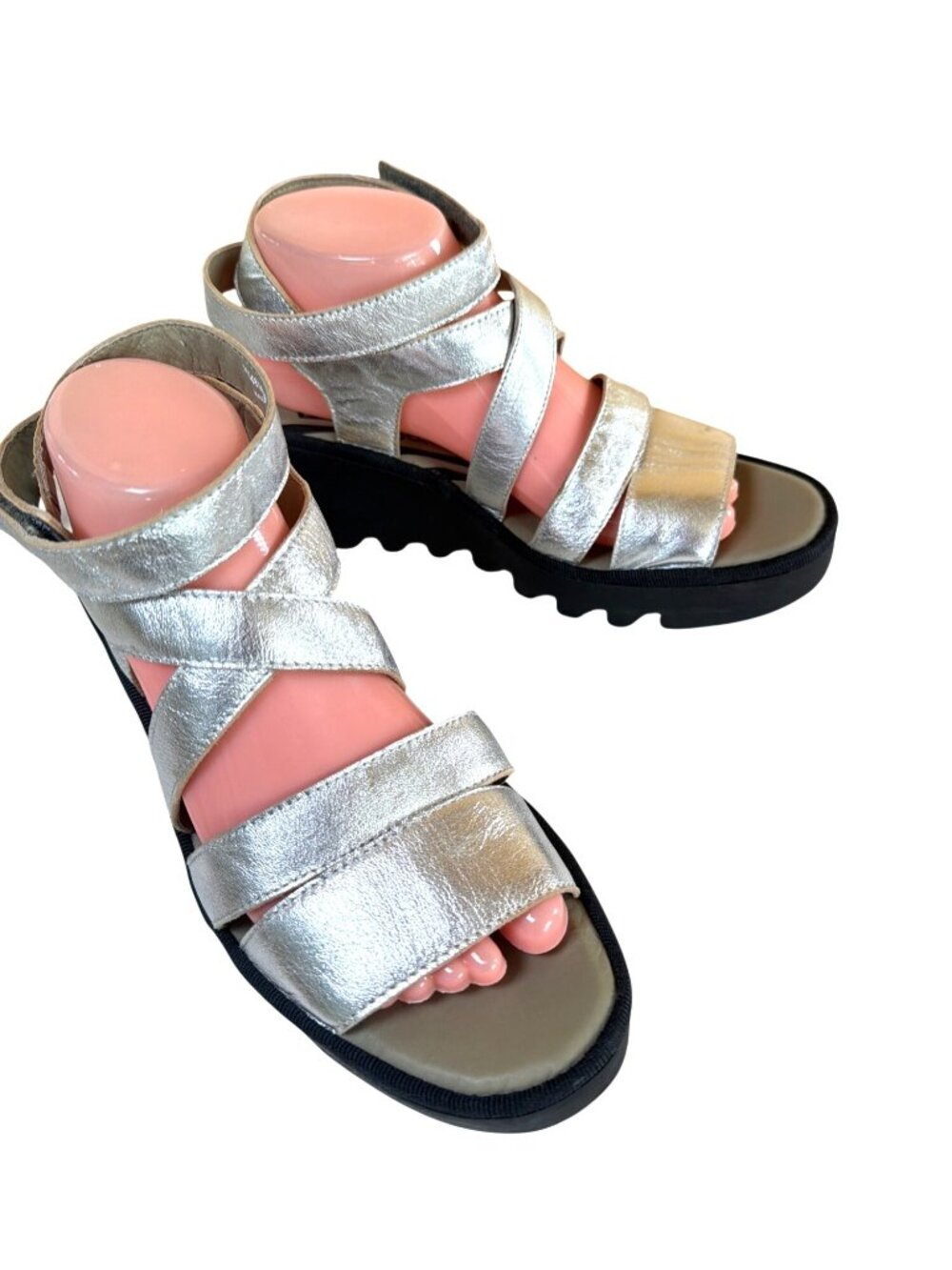 Fly London Bafy Ankle Strap Platform Wedge Sandals Silver EU 40 US 9/9.5